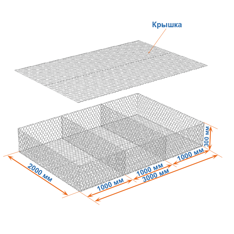 Габион матрац ГСИ-М 3х2х0,3 оцинкованный, Ø проволоки 2,4 мм, размер ячейки 6х8 см фото