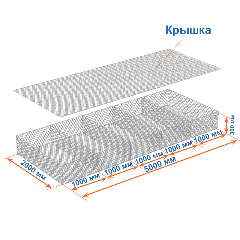 Габион матрац ГСИ-М 5х2х0,3 оцинкованный, Ø проволоки 2,7 мм, размер ячейки 6х8 см фото